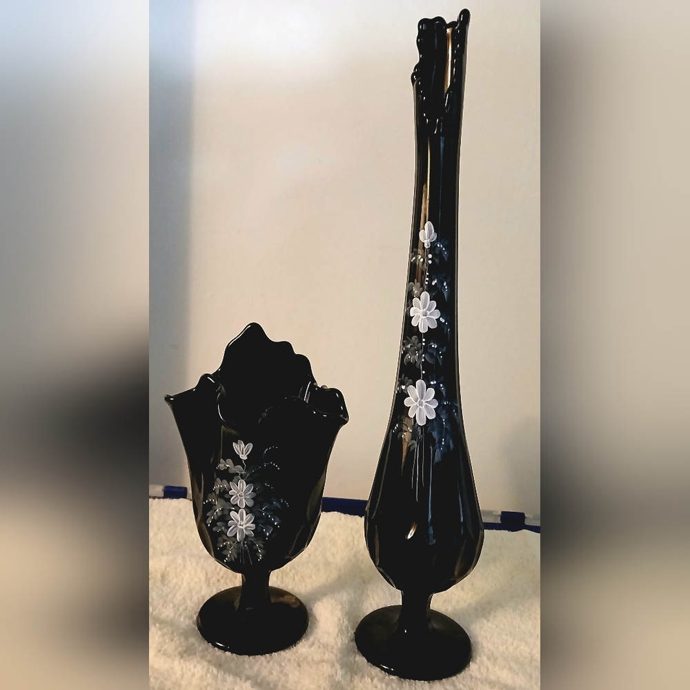 Vintage Fenton Black and White Floral Vase Duo